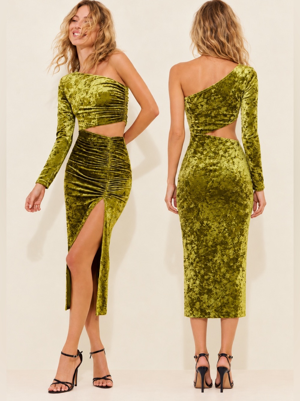 Saylor Niamh Olive Green Crushed Velvet One Shoulder Cutout Midi Dress M
